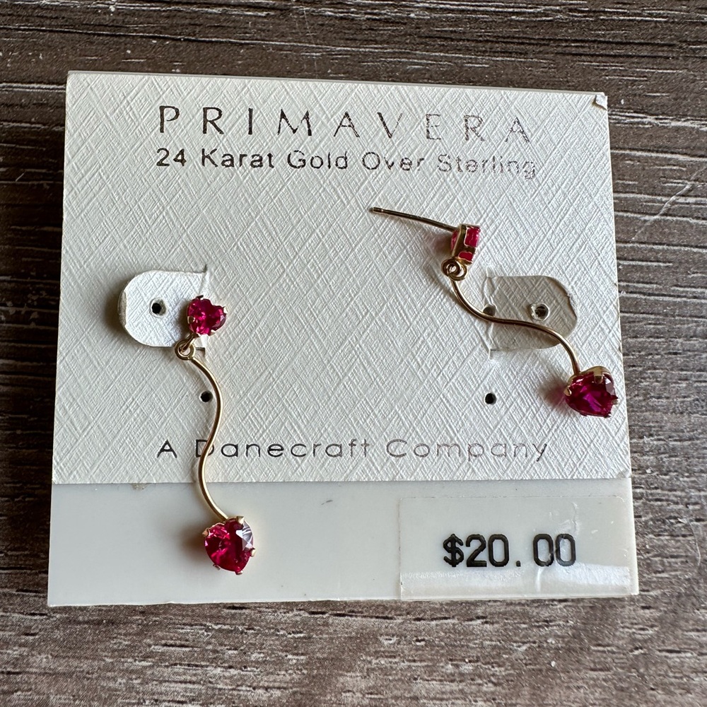 Gold and Pink Dangle Heart Earrings 24k over sterling silver Danecraft